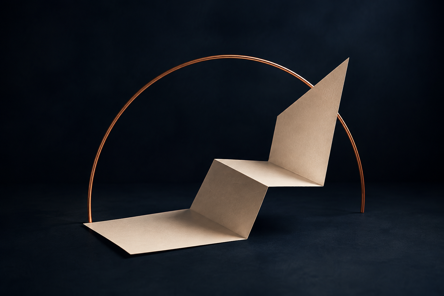 An ivory paper sculpture unfolds upward beneath a copper arc.